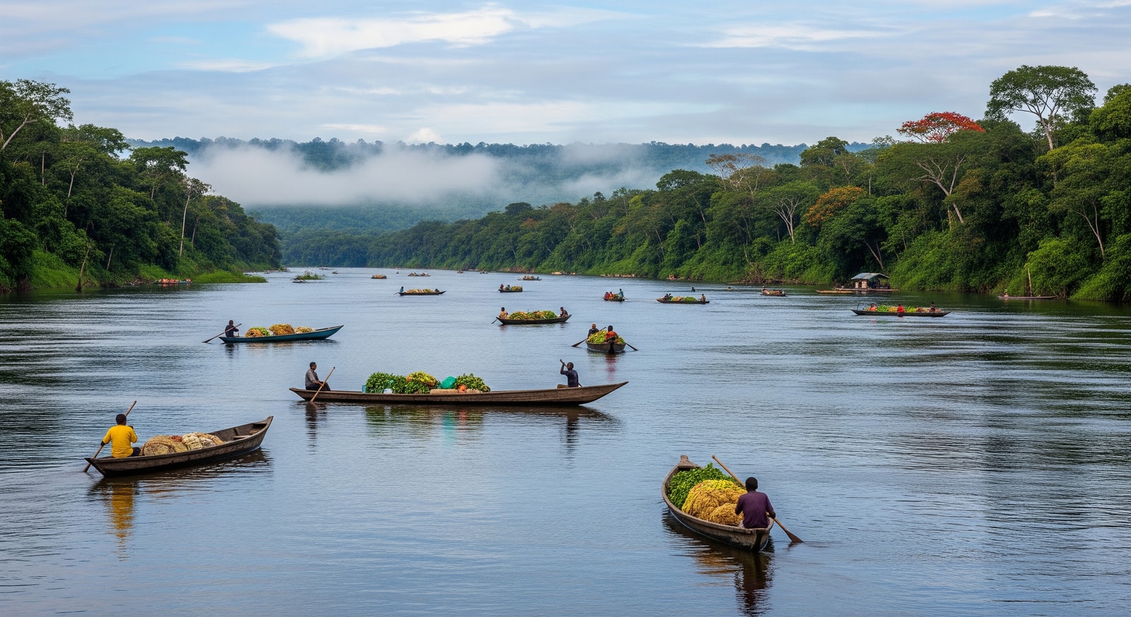 Traditional wooden boats navigating the vast Congo River with rainforest on both banks