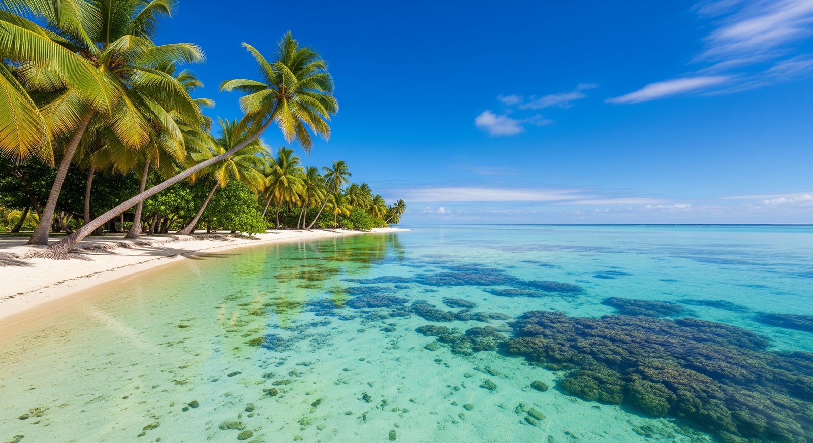 Crystal clear turquoise waters of Aitutaki lagoon with white sand beach and palm trees