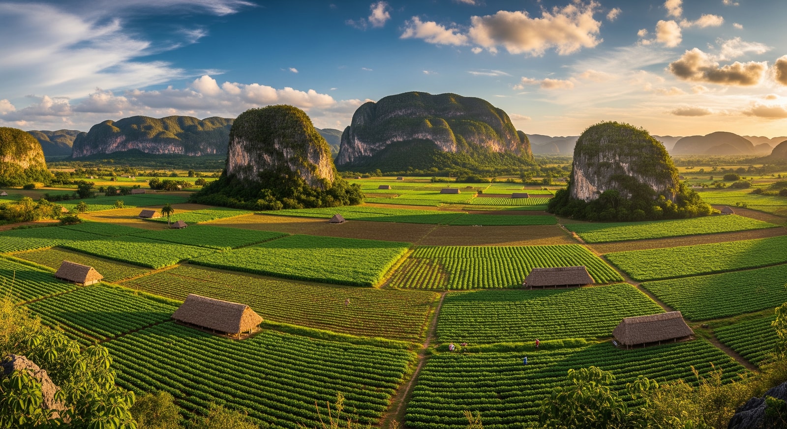 Panoramic view of Vinales Valley with limestone mogotes and tobacco fields