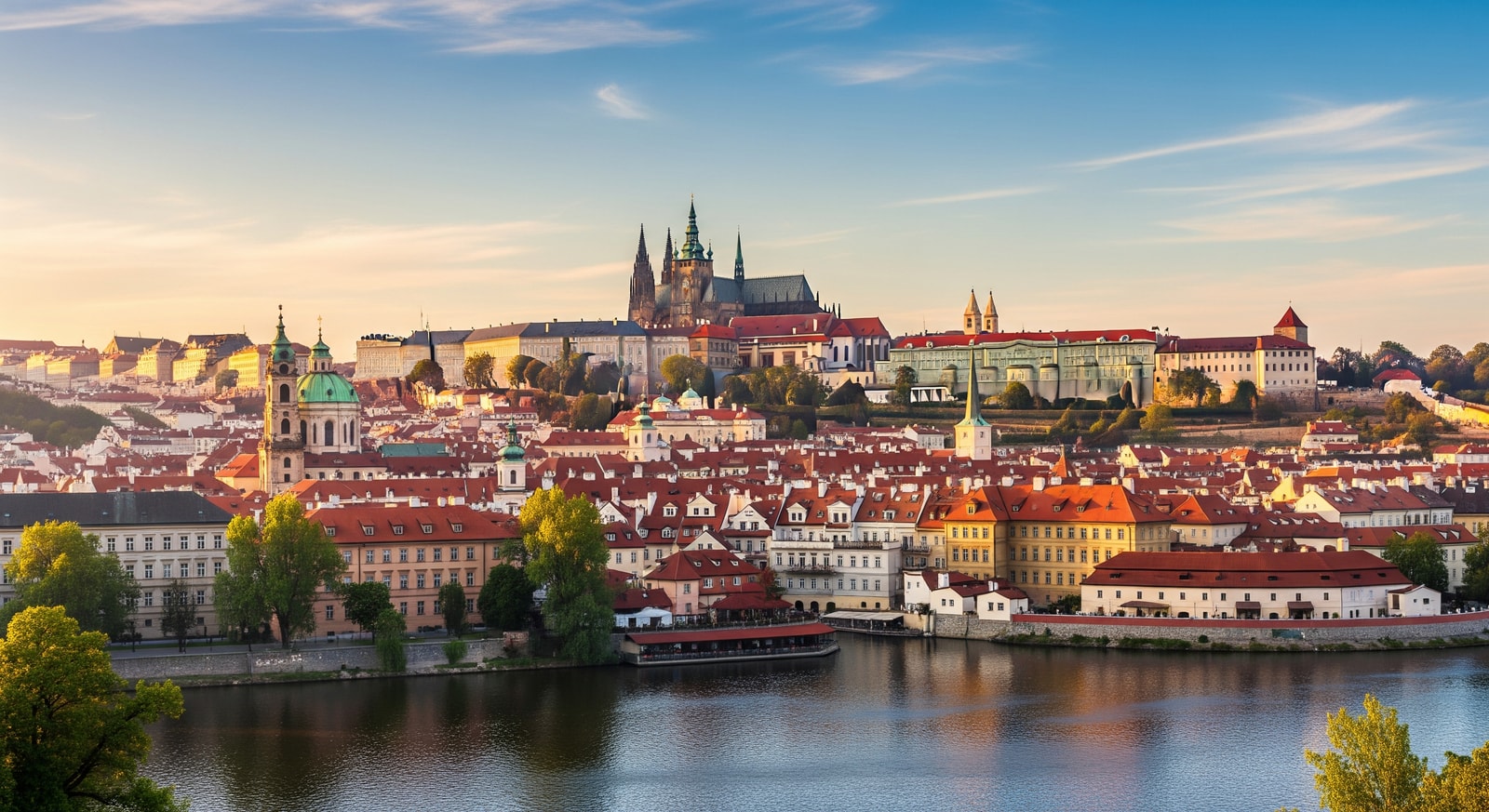 Panoramic view of Prague Castle and St. Vitus Cathedral overlooking the red rooftops of Mala Strana district