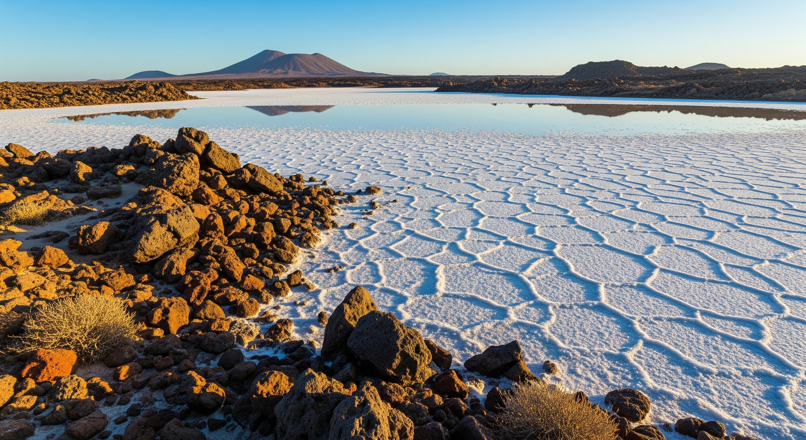 Stunning white salt flats of Lake Assal reflecting blue sky with surrounding volcanic terrain in Djibouti