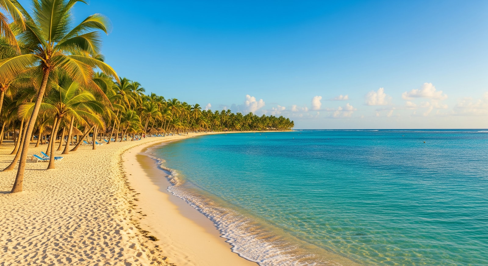 Stunning Bavaro Beach in Punta Cana with palm trees, white sand, and crystal clear turquoise water