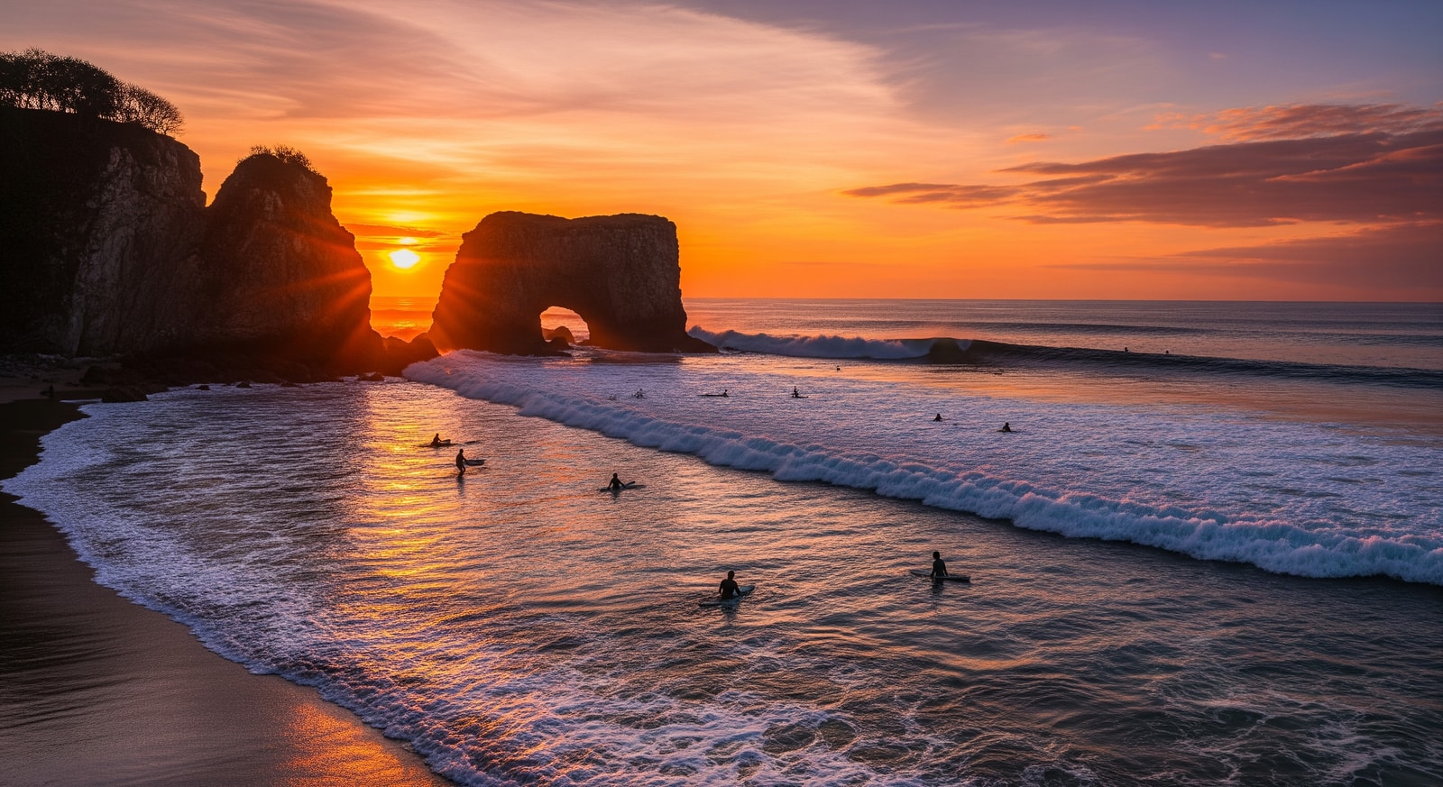 El Tunco beach with dramatic rock formations and surfers at sunset in El Salvador