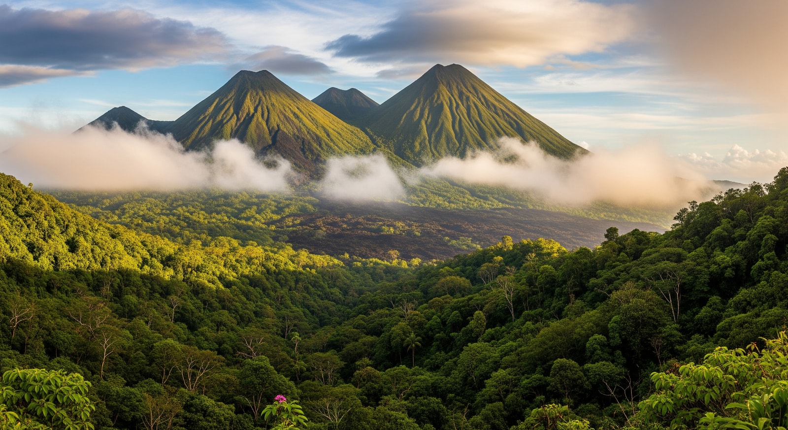 Volcanic peaks of Bioko Island rising above tropical rainforest with mist rolling through valleys