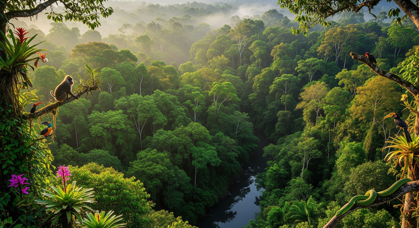 Dense tropical rainforest canopy in Monte Alen National Park with diverse wildlife habitat