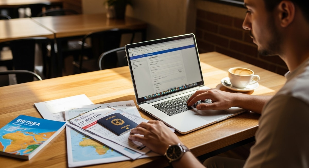 Traveler using laptop to apply for Eritrea visa while reviewing travel documents