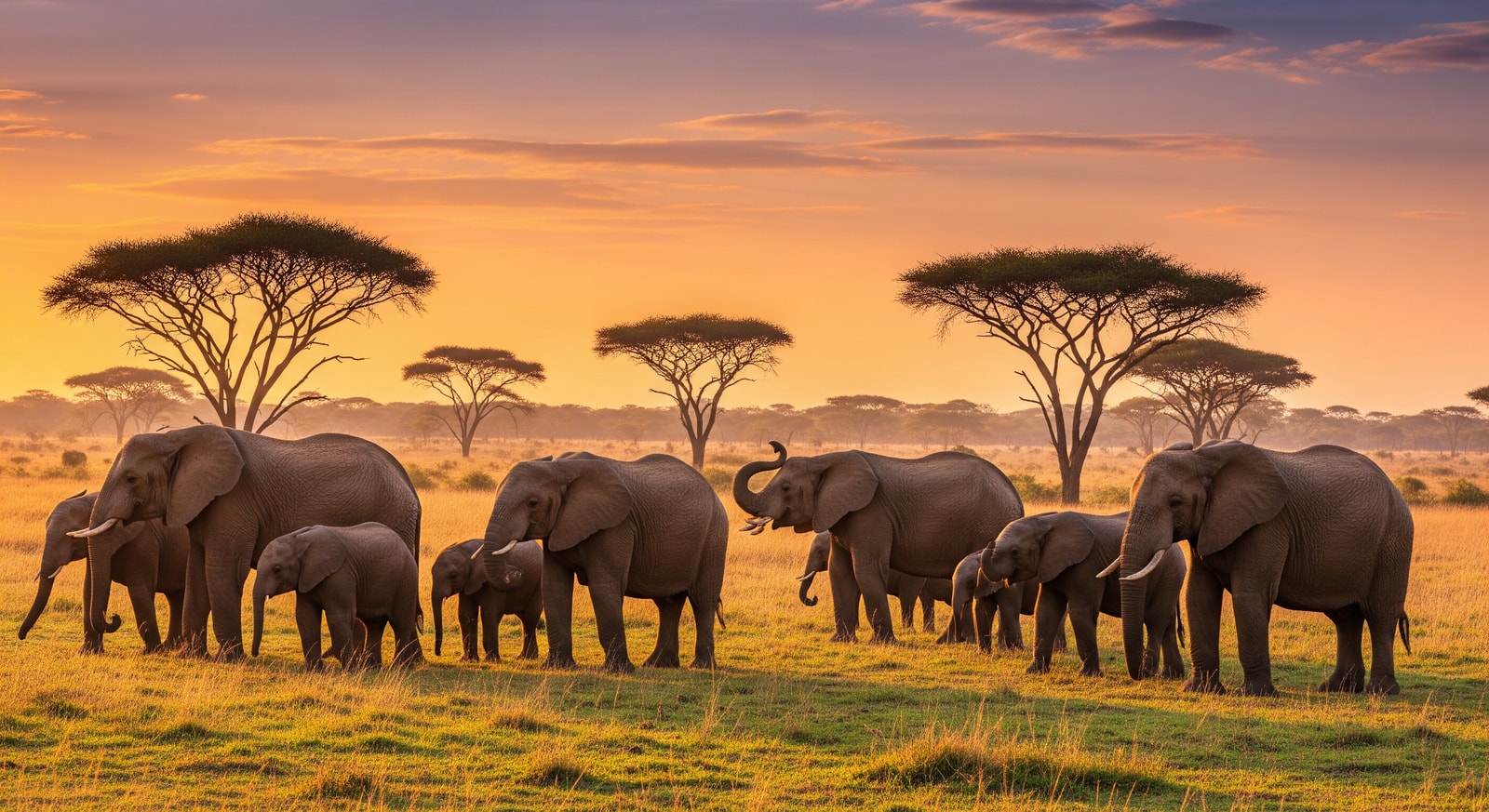 Elephants grazing in the savanna at Hlane Royal National Park with acacia trees in background