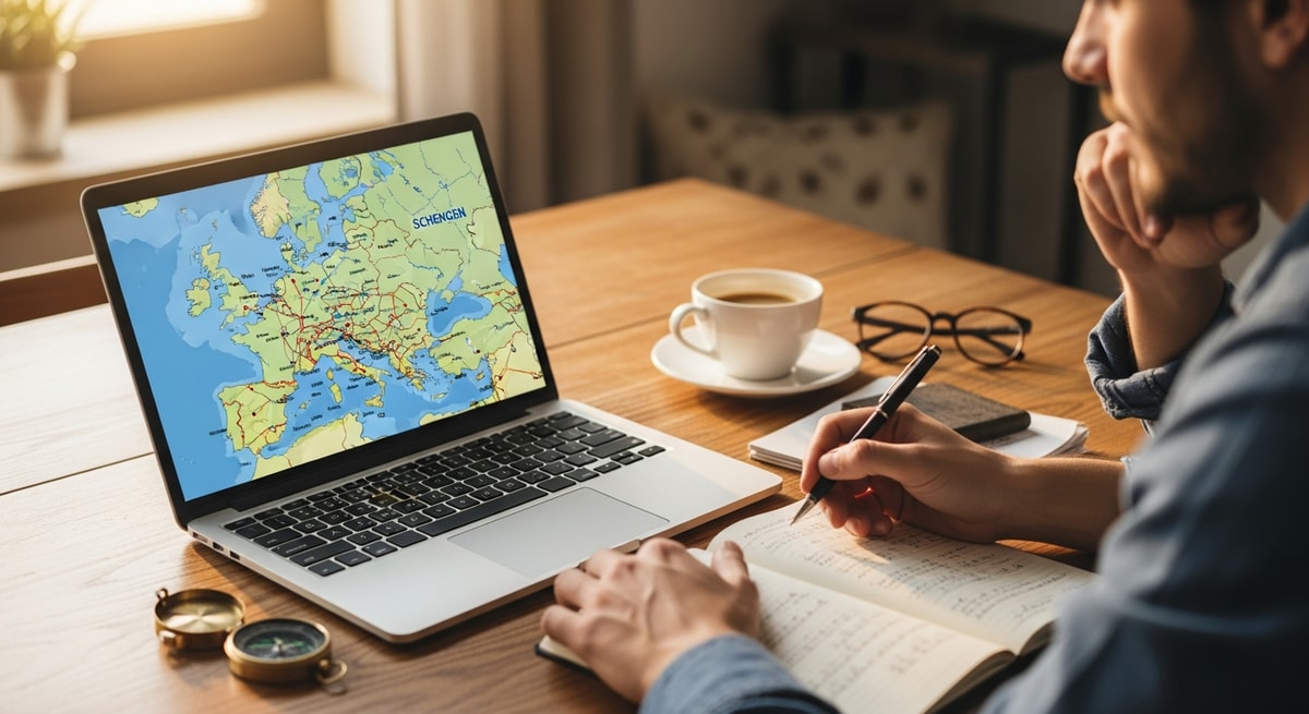 Traveler planning European trip with laptop showing map of Schengen countries