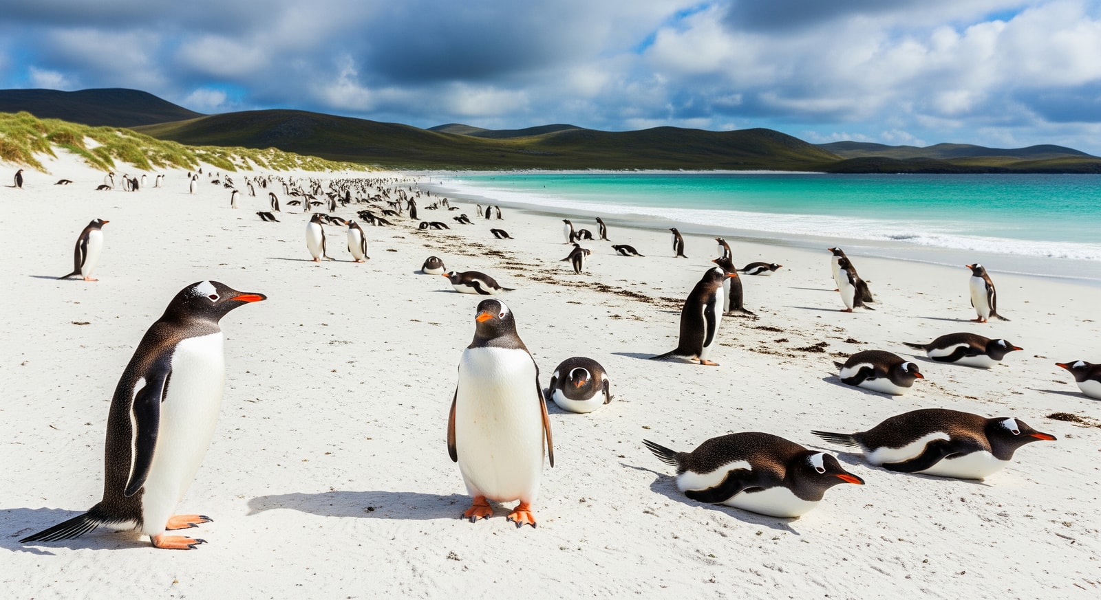Colony of Gentoo penguins on a white sand beach at Volunteer Point in the Falkland Islands