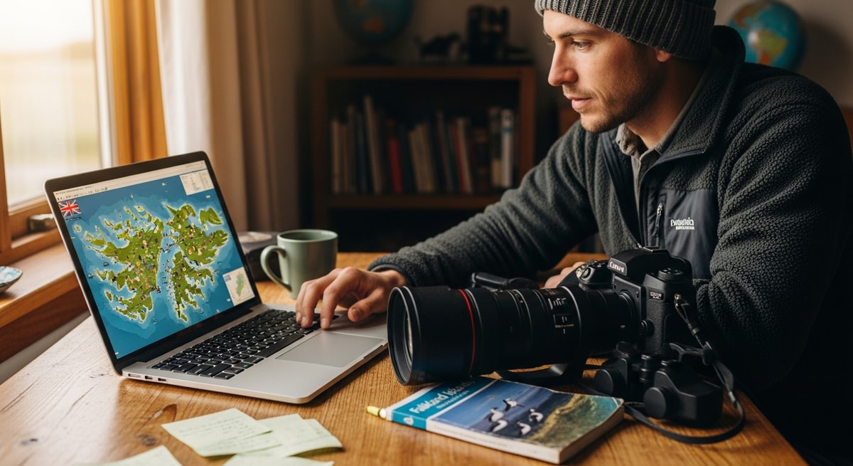 Traveler planning Falkland Islands wildlife expedition with laptop and camera equipment