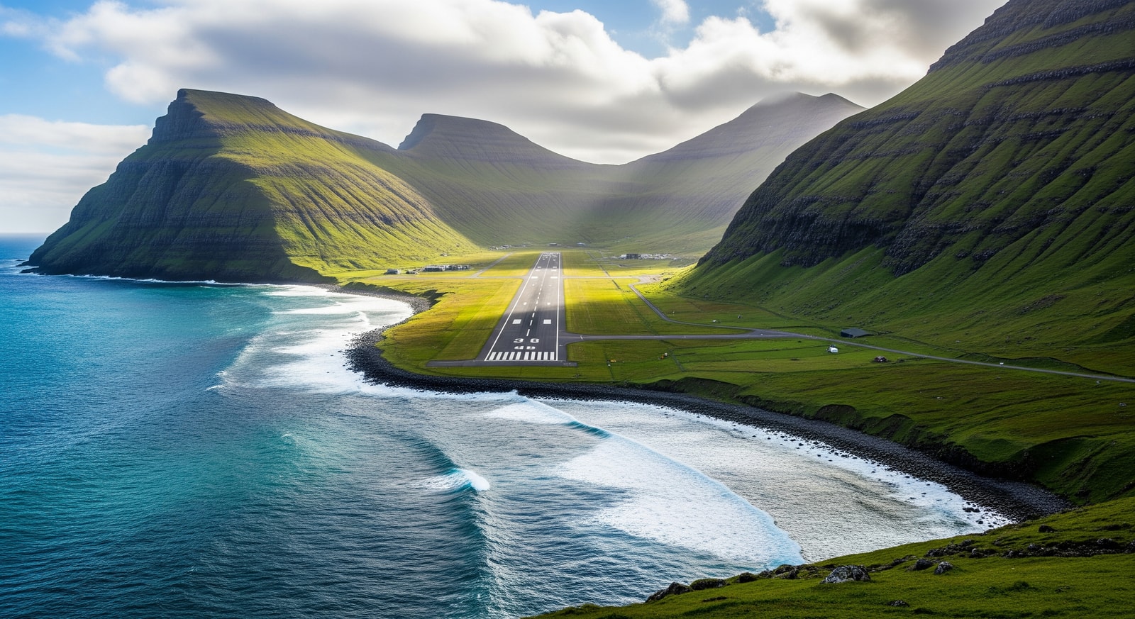 Vagar Airport runway surrounded by green mountains and dramatic coastal scenery