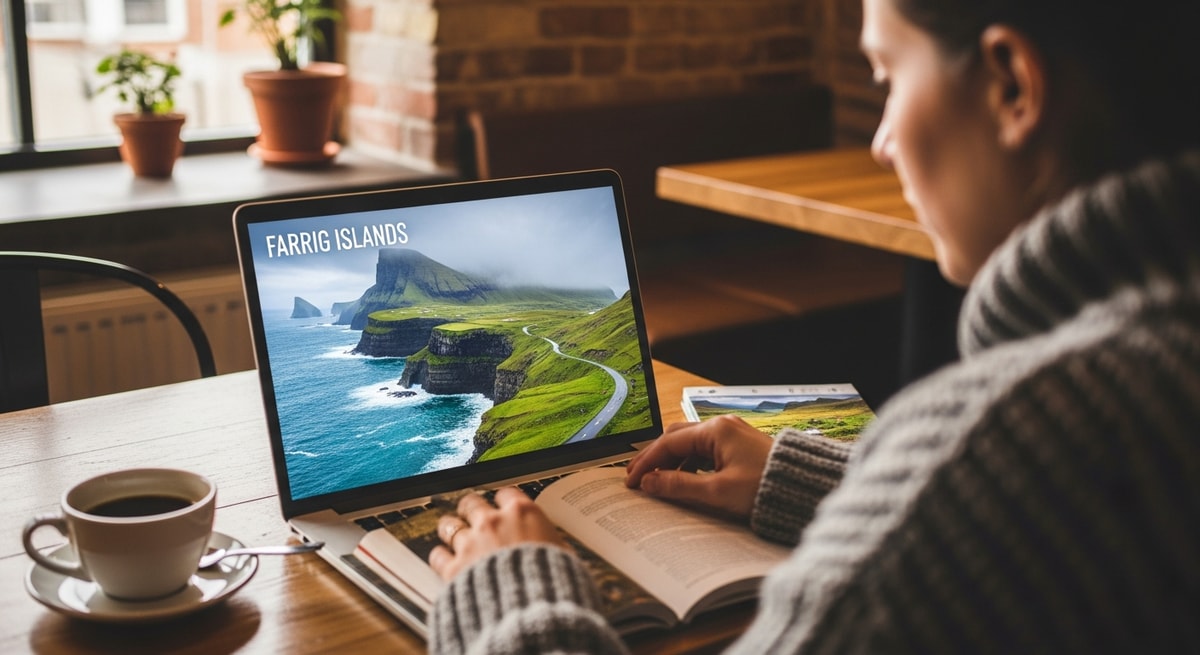 Traveler planning Faroe Islands trip with laptop showing dramatic coastal landscape