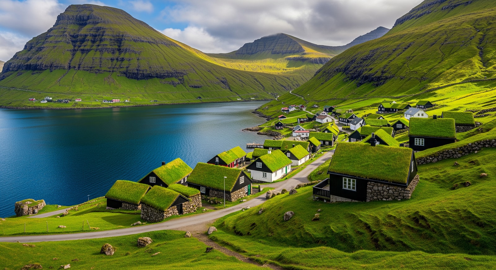 Traditional Faroese village with grass-roofed houses nestled between green mountains and fjord waters