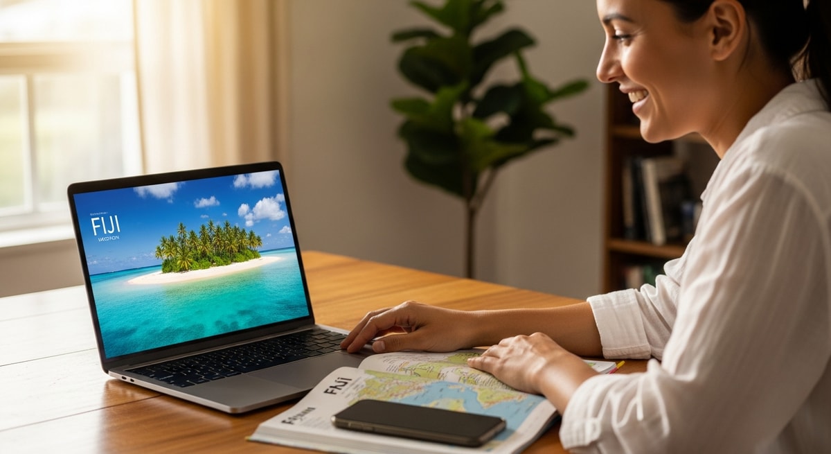 Happy traveler planning Fiji vacation with laptop showing tropical island imagery