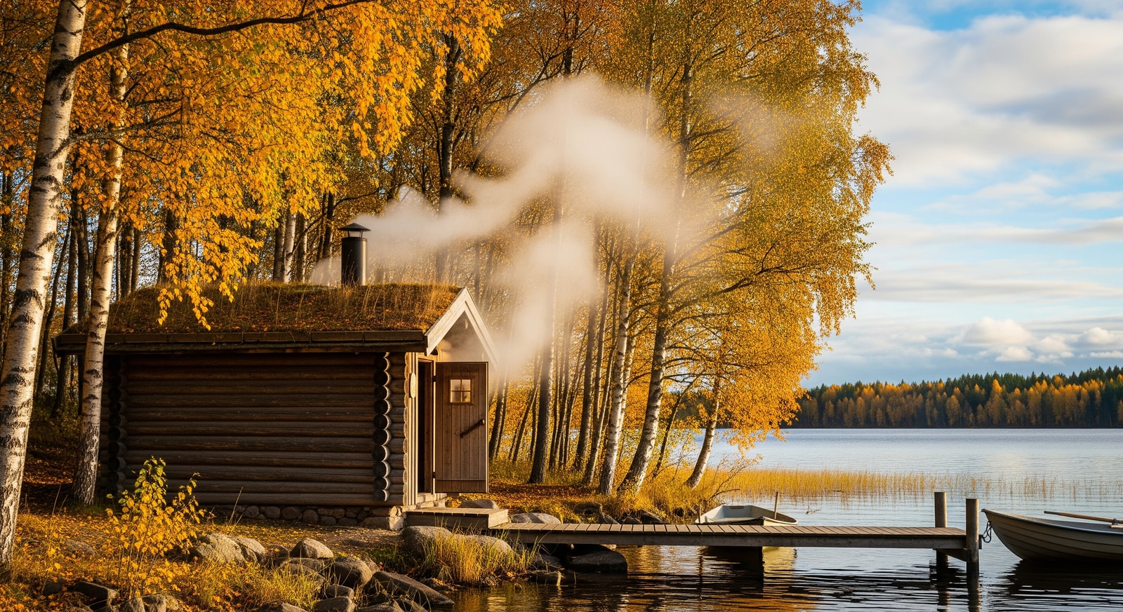 Traditional Finnish lakeside sauna with steam rising and birch trees in autumn colors