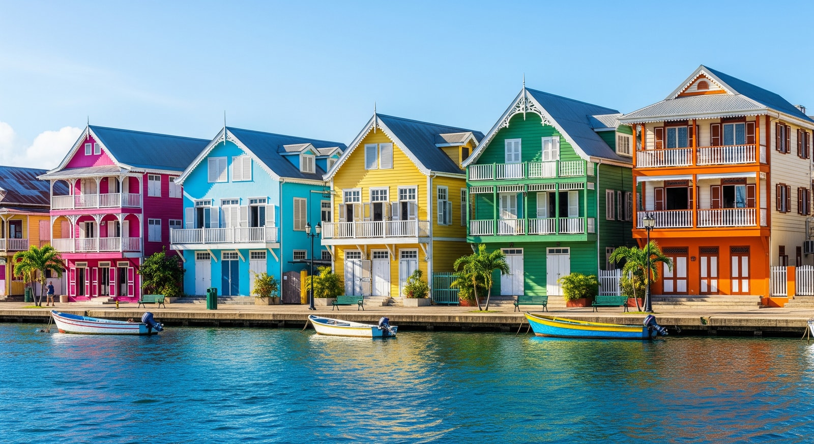 Colorful Creole architecture along the waterfront in Cayenne, the capital of French Guiana