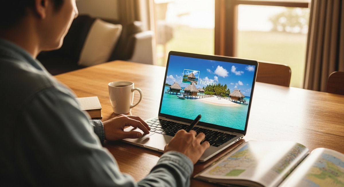 Traveler planning French Polynesia trip with laptop showing overwater bungalows and tropical beaches