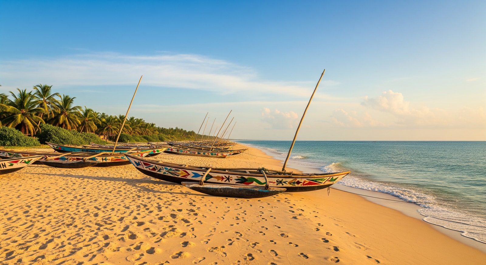 Pristine golden sand beach with traditional fishing boats at Kololi Beach in The Gambia