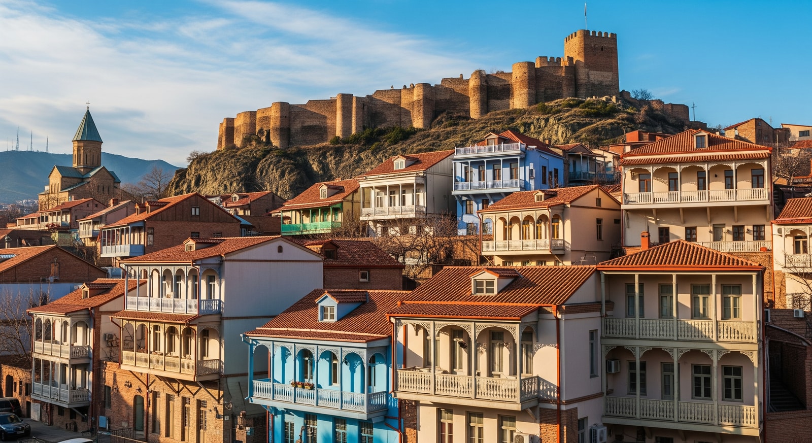 Colorful traditional houses with wooden balconies in Tbilisi Old Town against the backdrop of Narikala Fortress