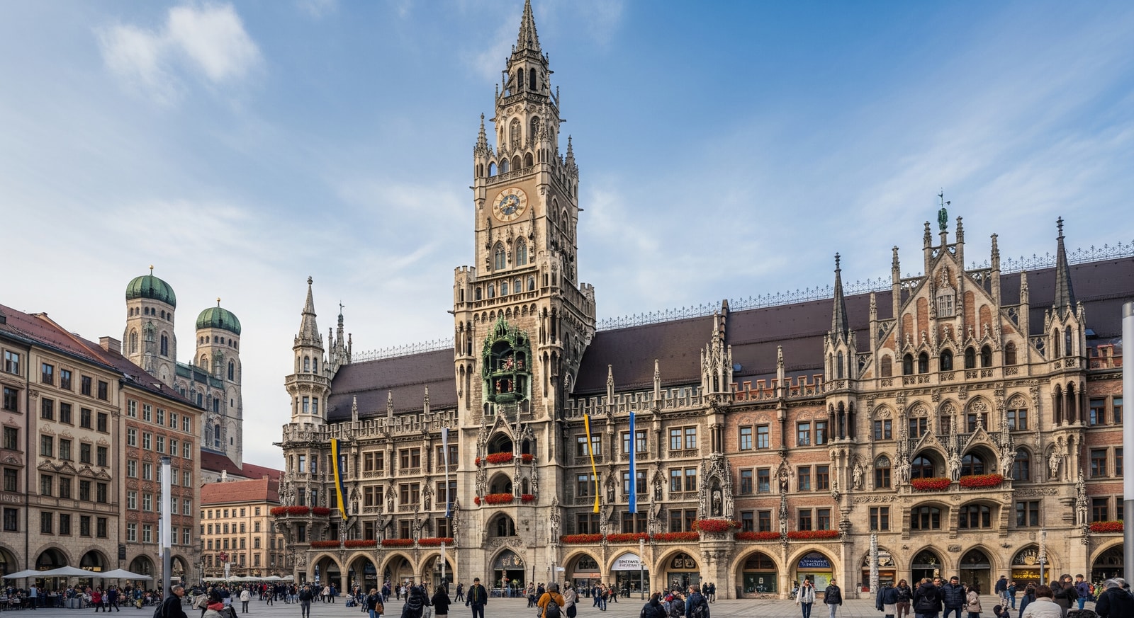 Munich Marienplatz with the New Town Hall Glockenspiel and traditional Bavarian architecture