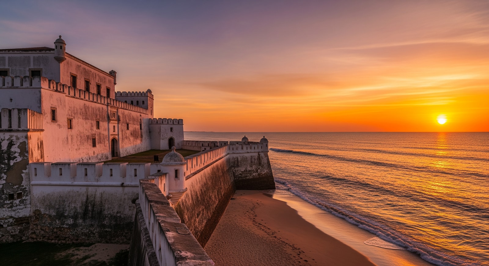 Historic Cape Coast Castle with white walls overlooking the Atlantic Ocean at sunset