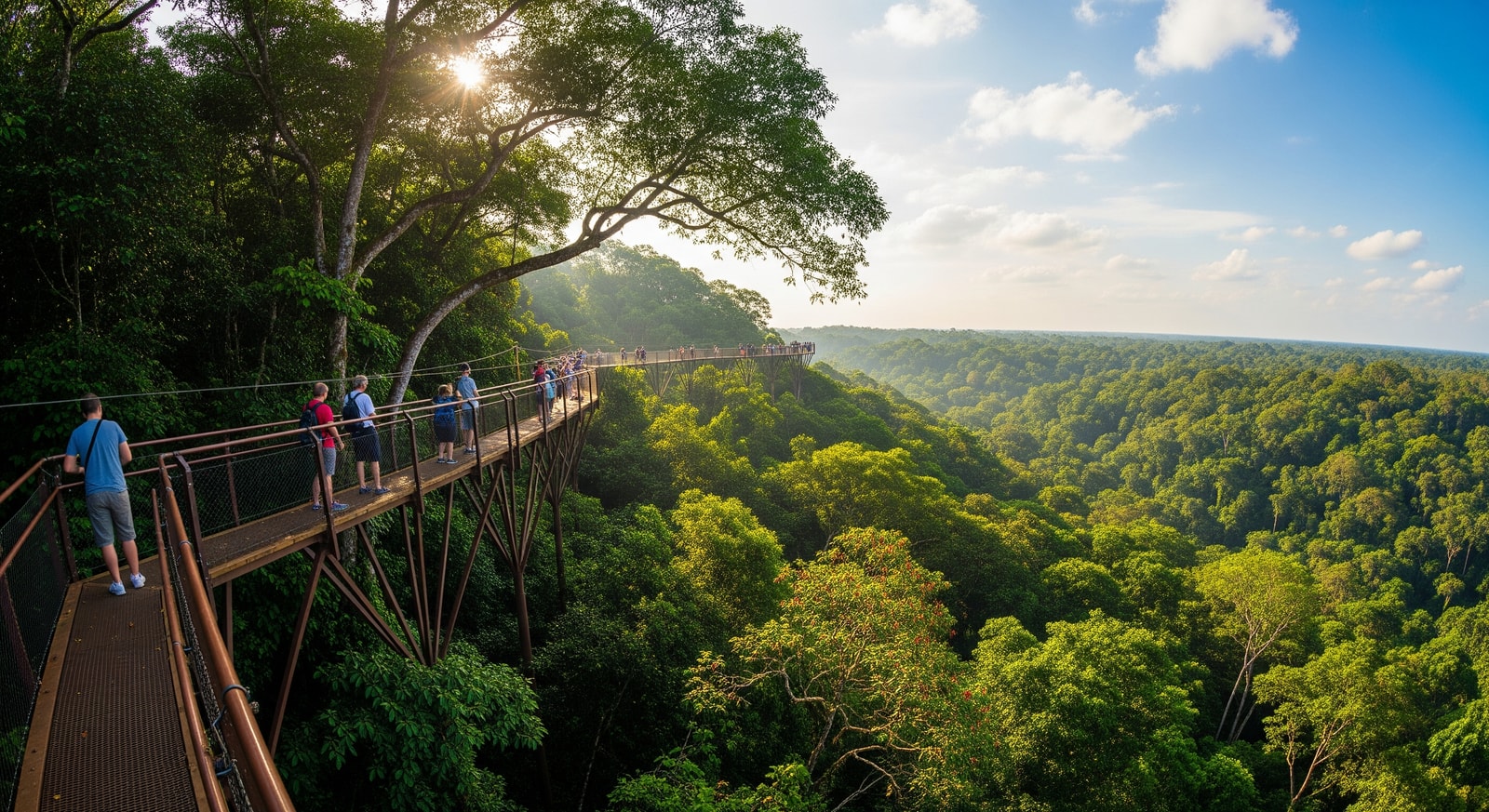 Tourists walking on the famous Kakum National Park canopy walkway suspended high above the rainforest