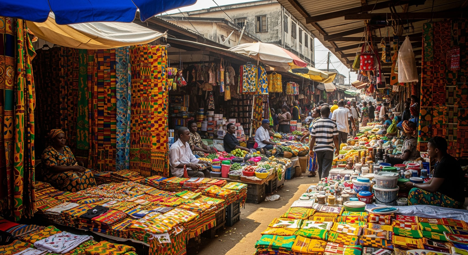 Colorful Makola Market in Accra with vendors selling vibrant kente cloth and local goods