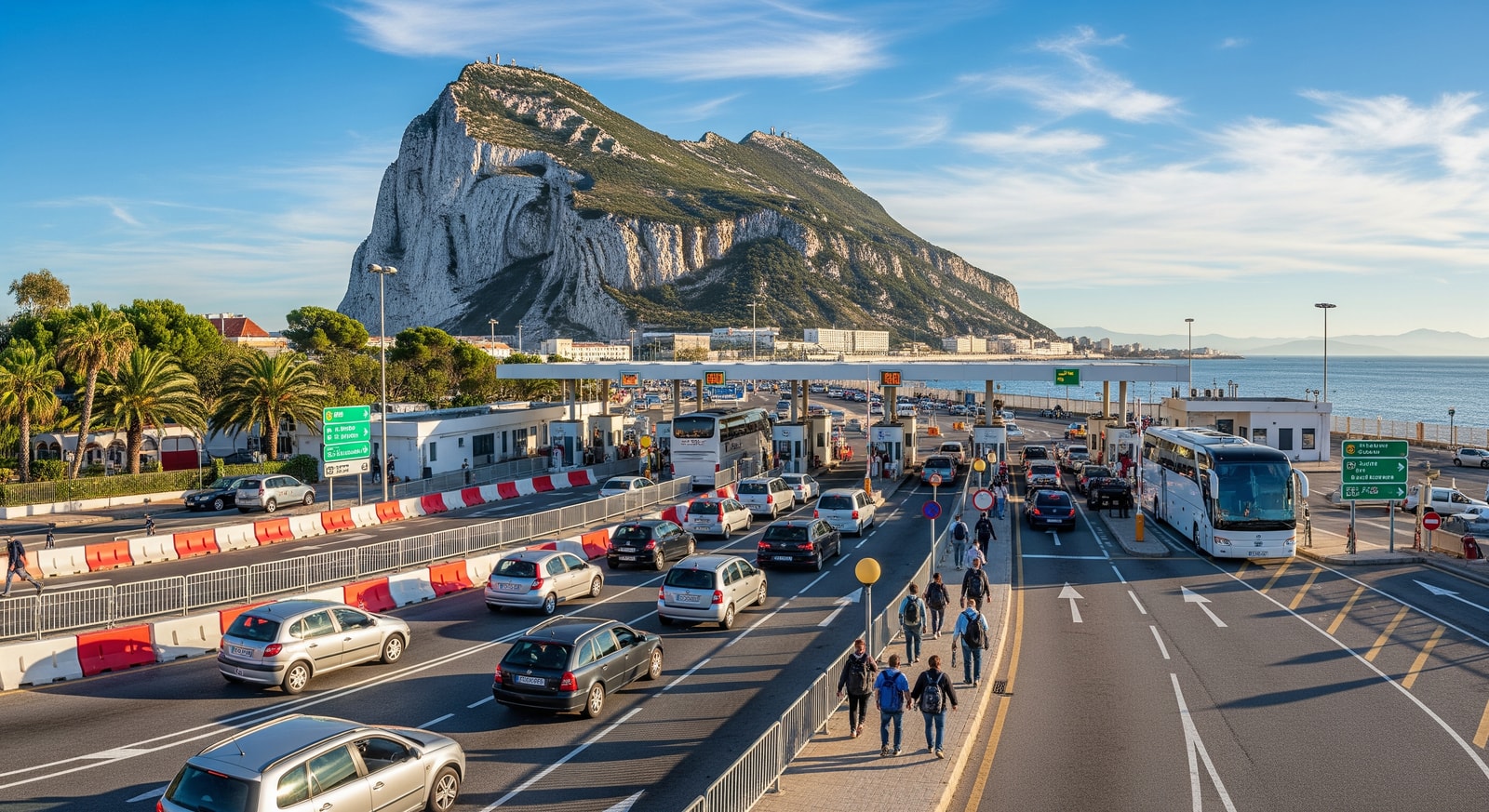 Gibraltar border crossing checkpoint with vehicles and pedestrians