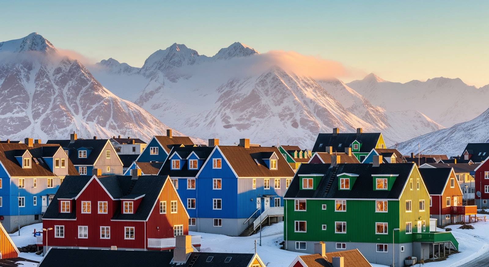 Colorful houses of Nuuk with snow-capped mountains rising behind Greenland's capital city