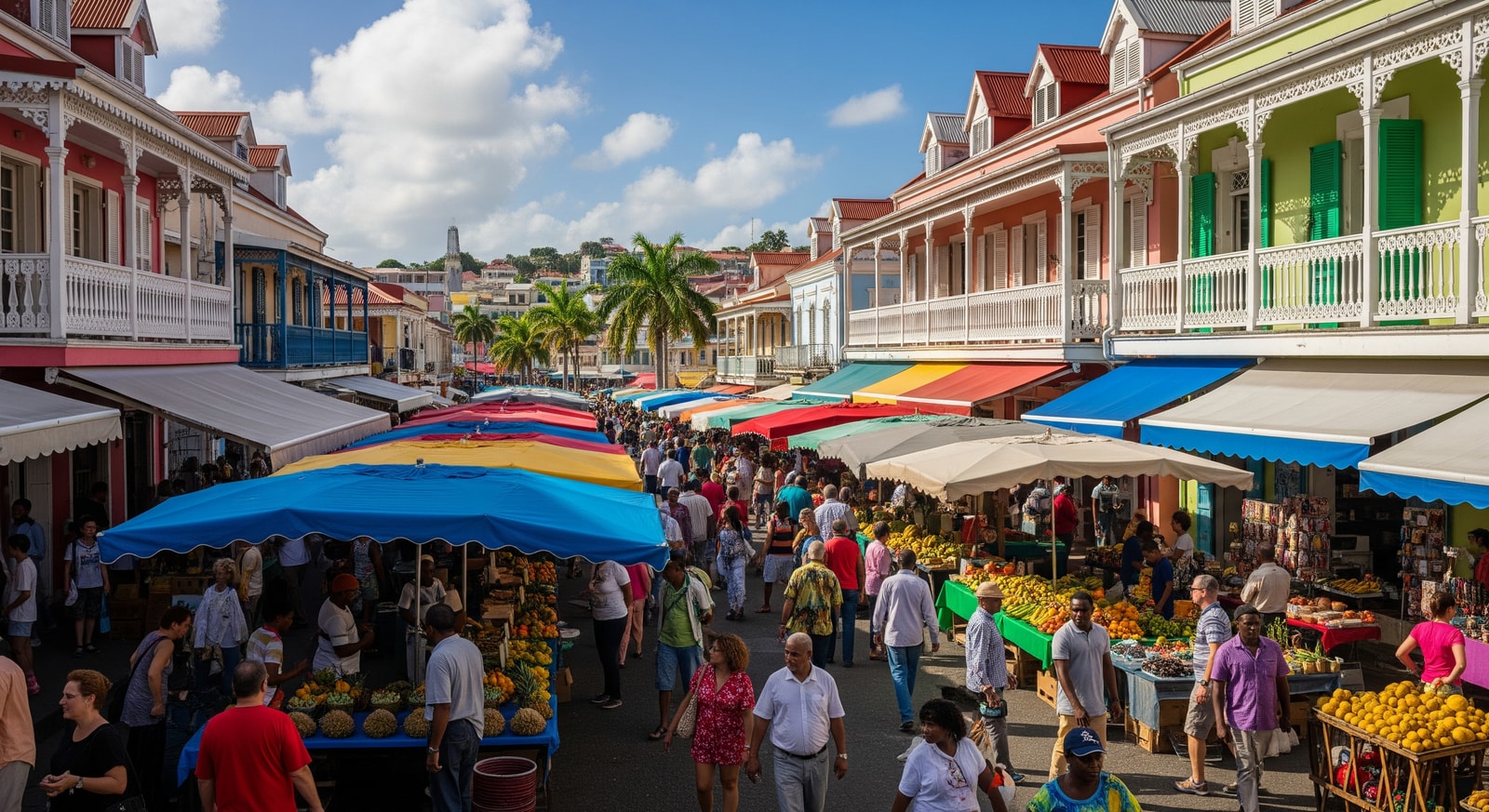 Colorful colonial buildings and busy market square in Pointe-a-Pitre, Guadeloupe's largest city