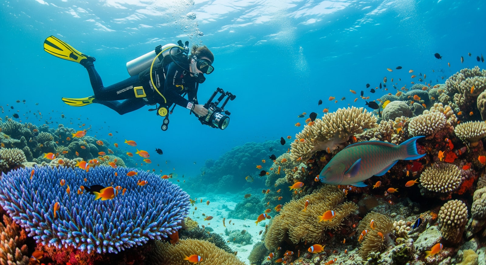 Scuba diver exploring vibrant coral reef with tropical fish in crystal clear Guam waters