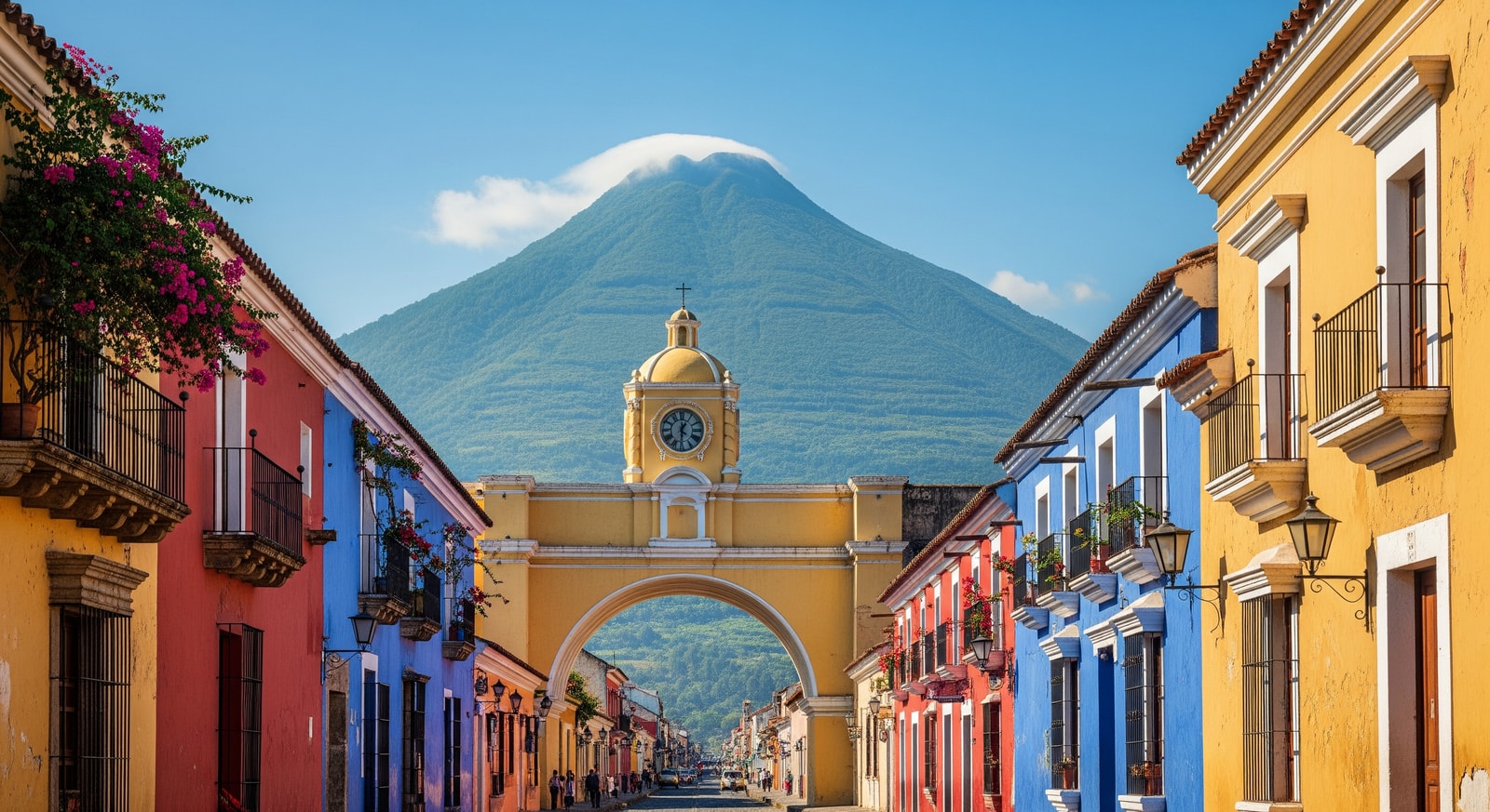 Antigua Guatemala colonial architecture with colorful buildings and Agua volcano in background