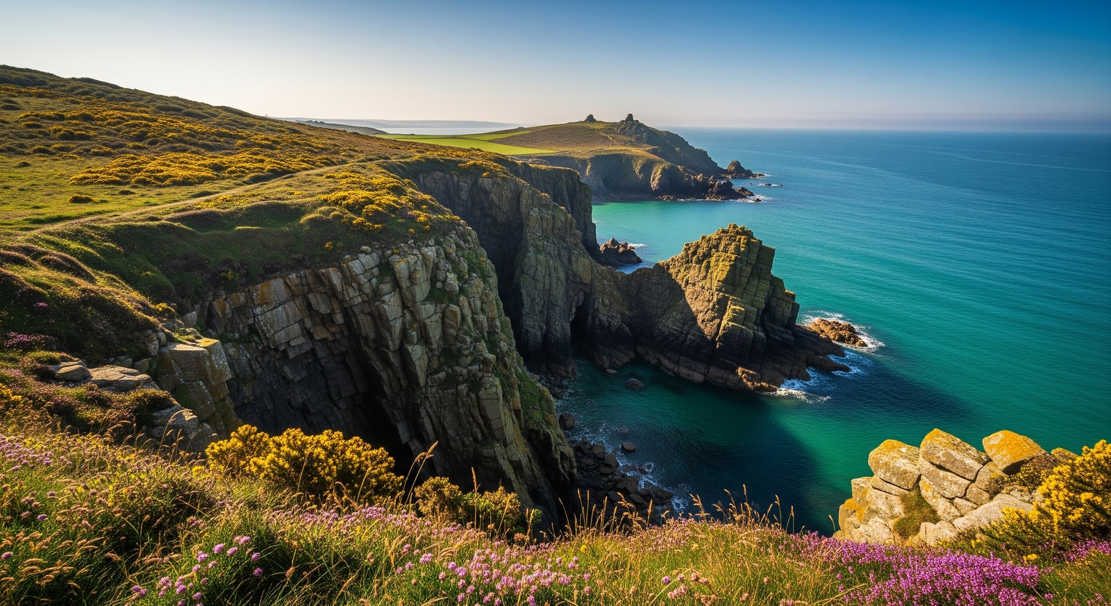 Dramatic south coast cliffs of Guernsey with wildflowers and clear blue waters below
