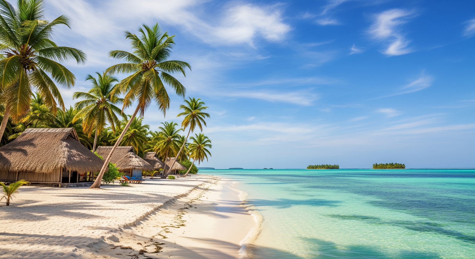 Traditional thatched-roof huts on a pristine beach in the Bijagos Archipelago with palm trees and turquoise waters
