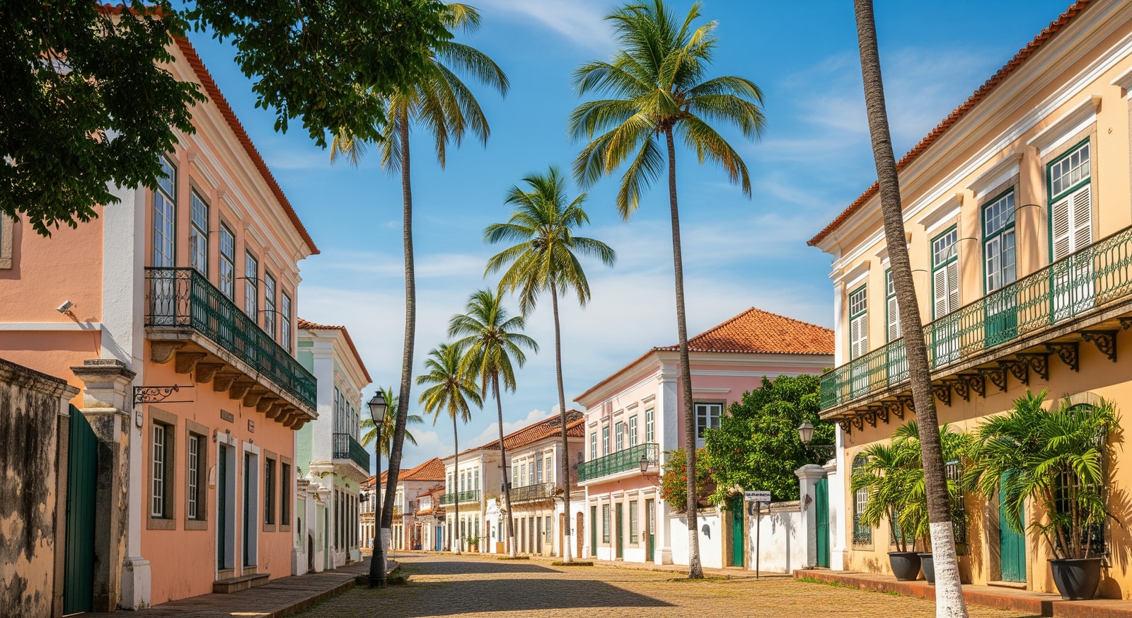 Colonial Portuguese architecture in the historic center of Bissau with palm-lined streets