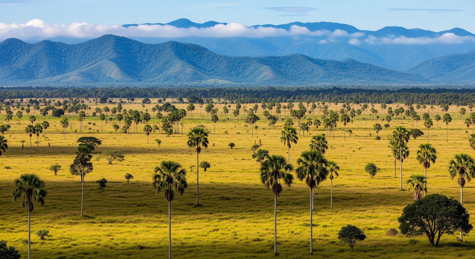 Vast Rupununi savanna with scattered palm trees and the Kanuku Mountains in the distance