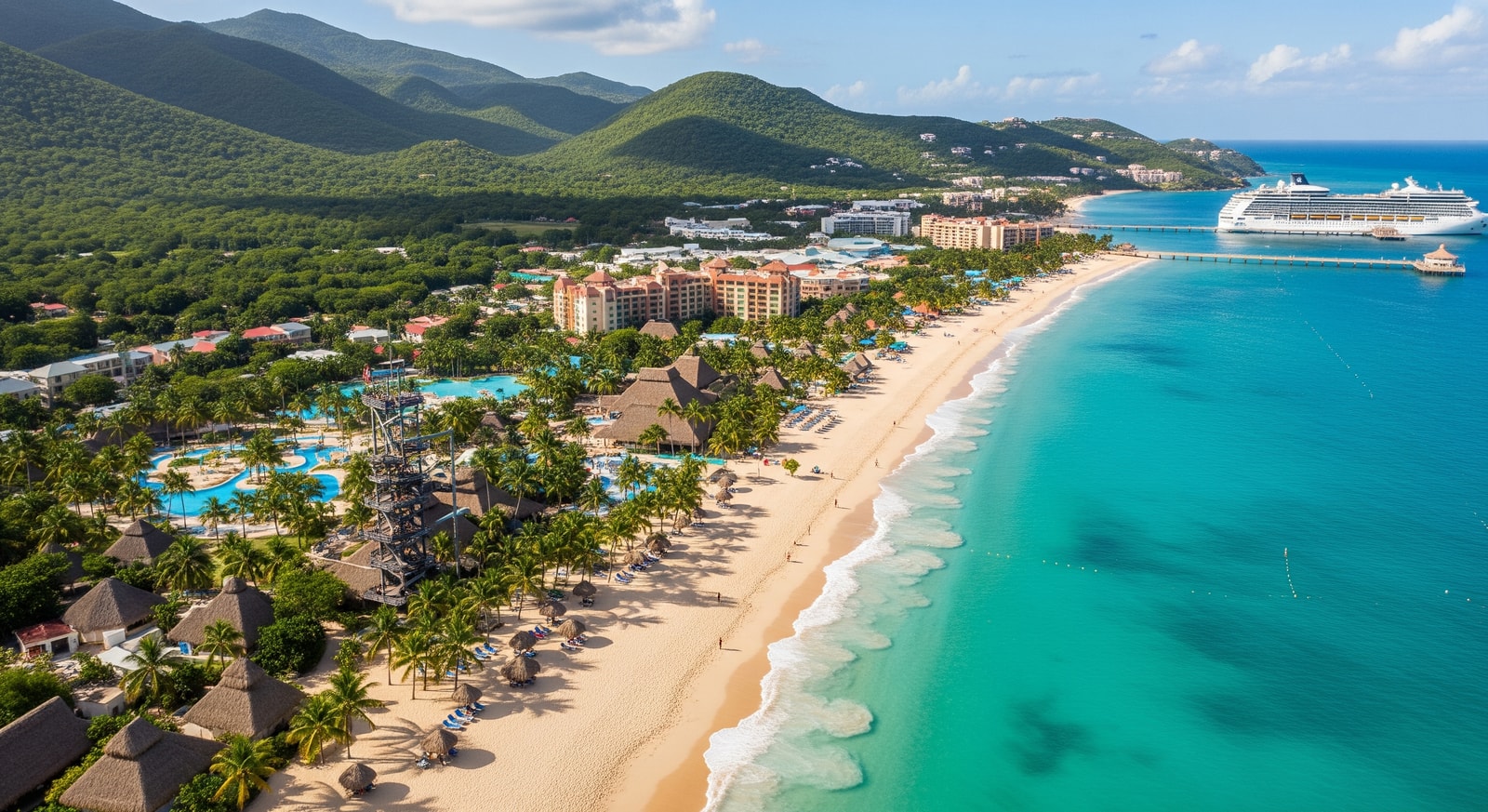 Aerial view of Labadee beach resort with turquoise Caribbean waters and lush green mountains