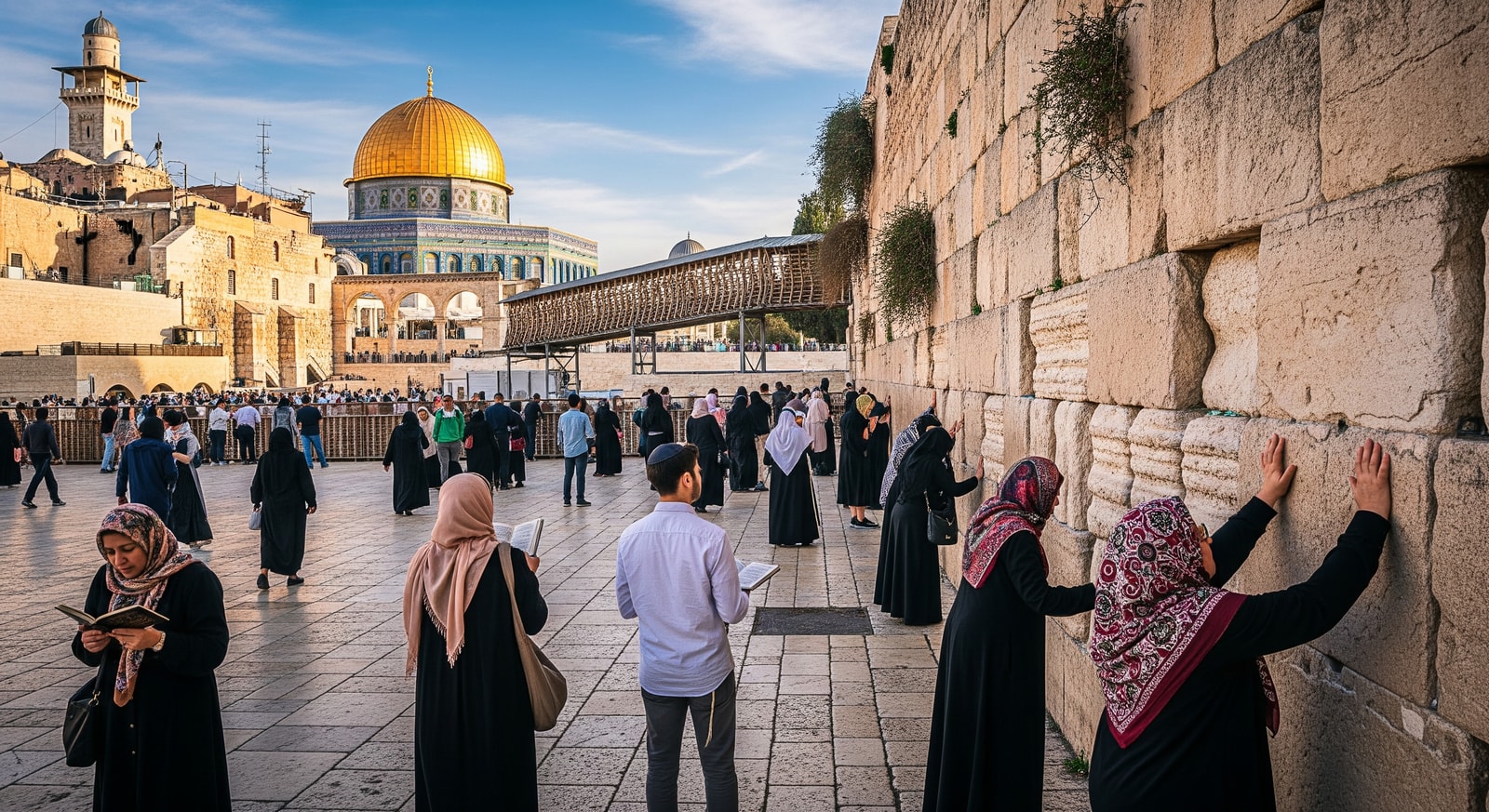 Western Wall and Dome of the Rock in Jerusalem's Old City with visitors at prayer