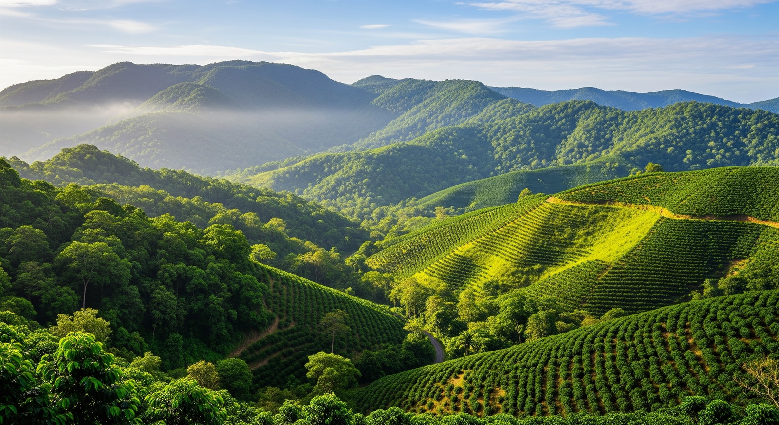 Lush green peaks of the Blue Mountains with coffee plantations in Jamaica