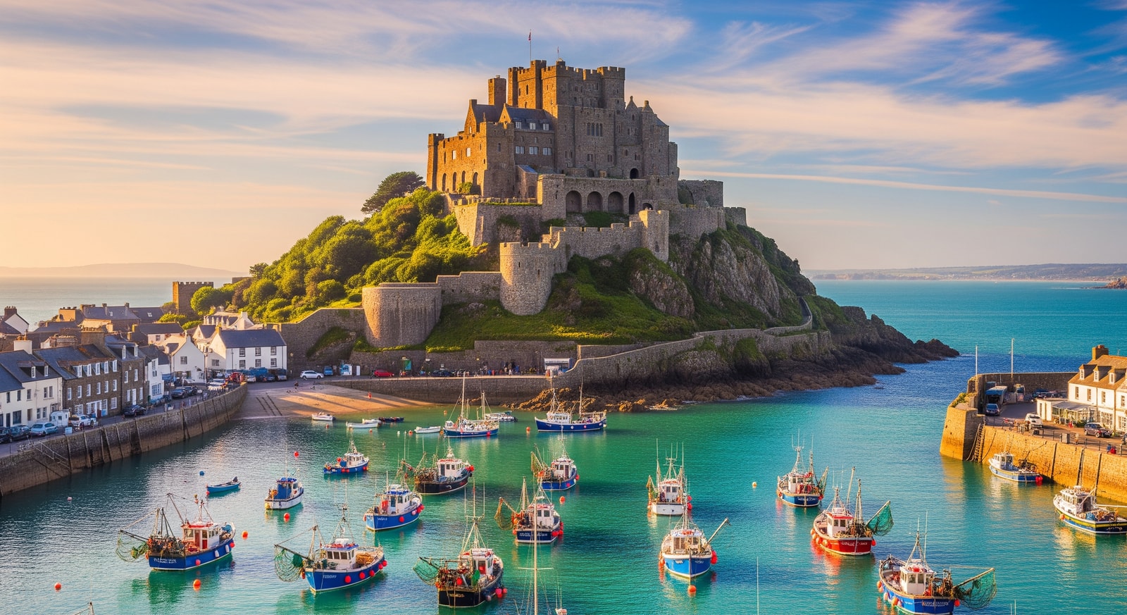 Magnificent Mont Orgueil Castle (Gorey Castle) perched on the hillside overlooking Gorey Harbour with fishing boats