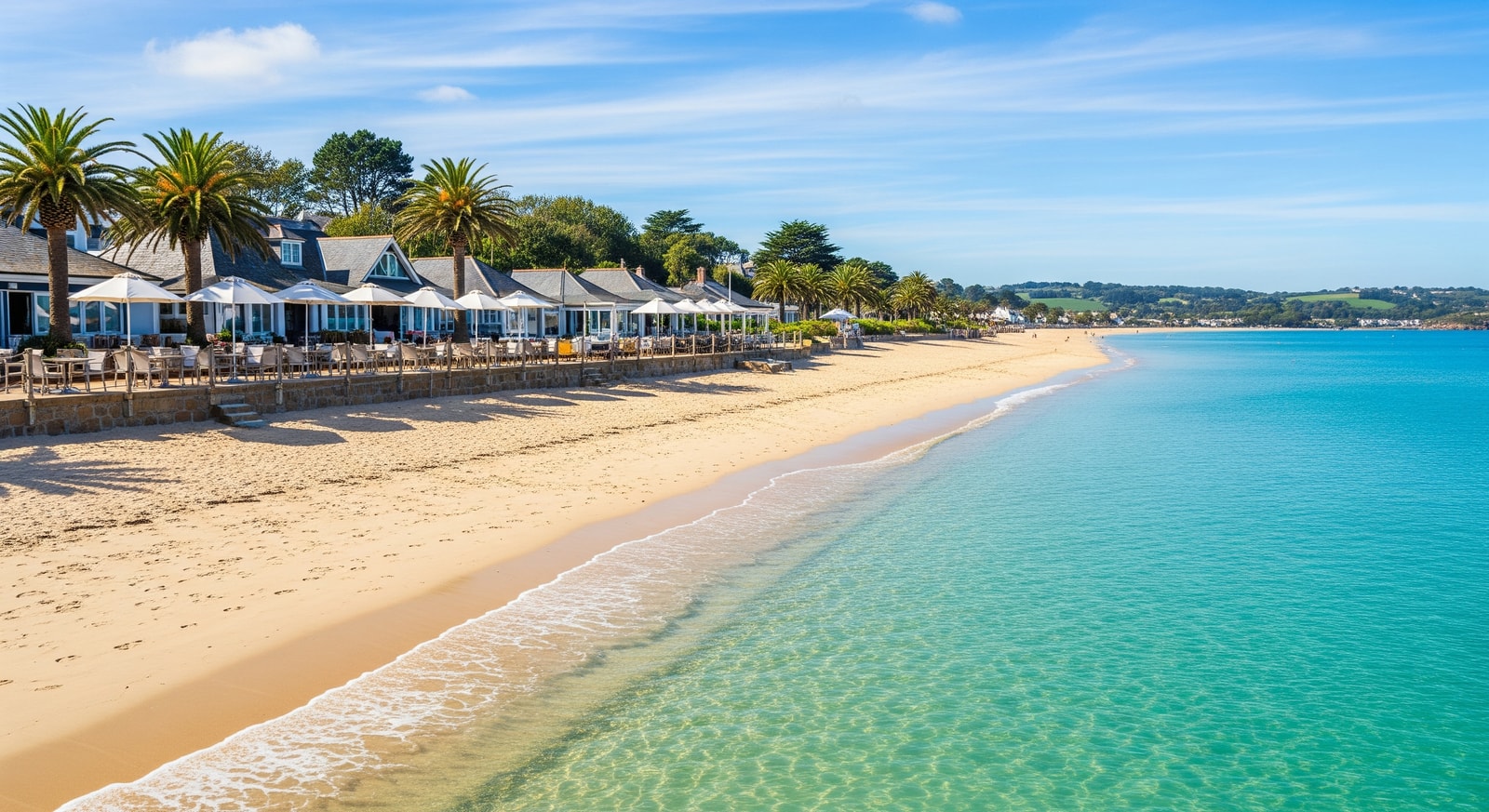 Pristine sandy beach at St. Brelade's Bay with crystal clear turquoise water and beachside cafes