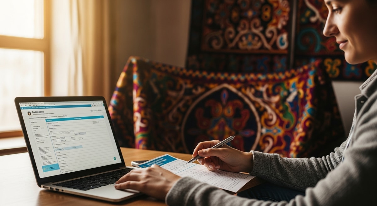 Traveler reviewing Kazakhstan visa documents on laptop with traditional Kazakh textiles in background