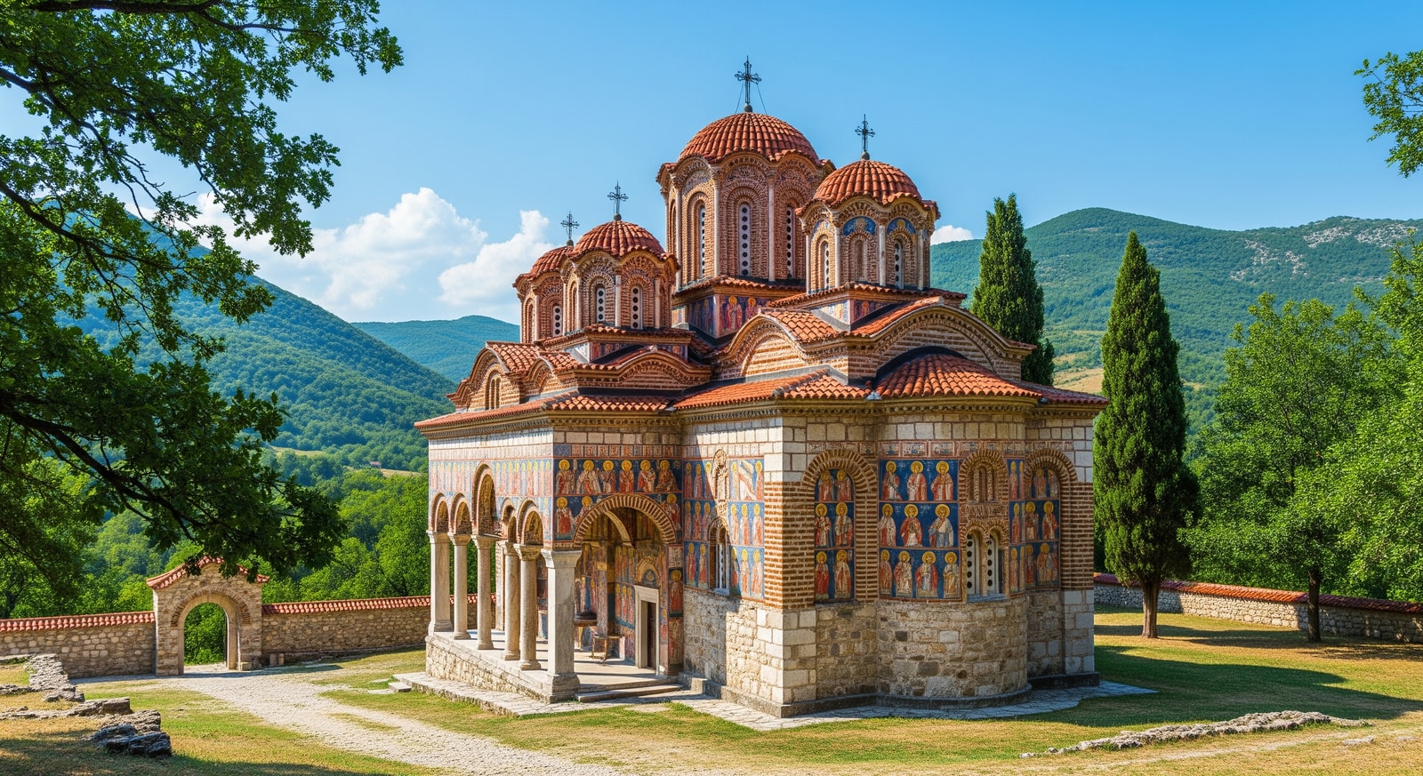 Medieval Gracanica Monastery with distinctive Serbian Orthodox architecture and Byzantine frescoes near Pristina