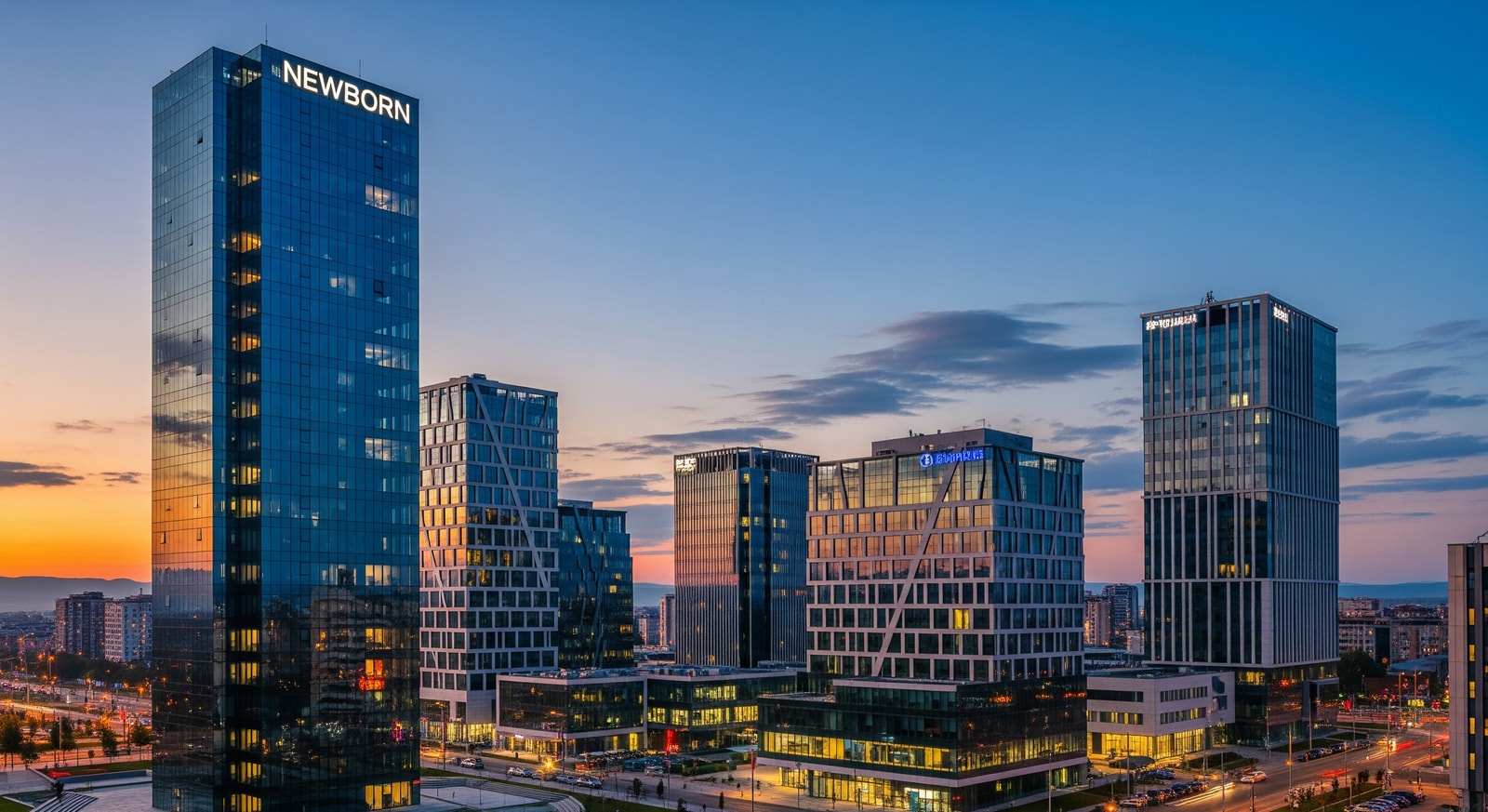 Modern Pristina cityscape showing the glass tower of the NEWBORN monument and contemporary business buildings