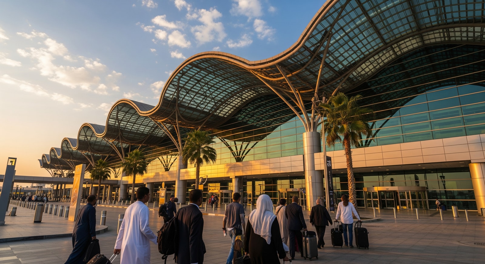 Kuwait International Airport modern terminal building with distinctive architecture and arriving passengers