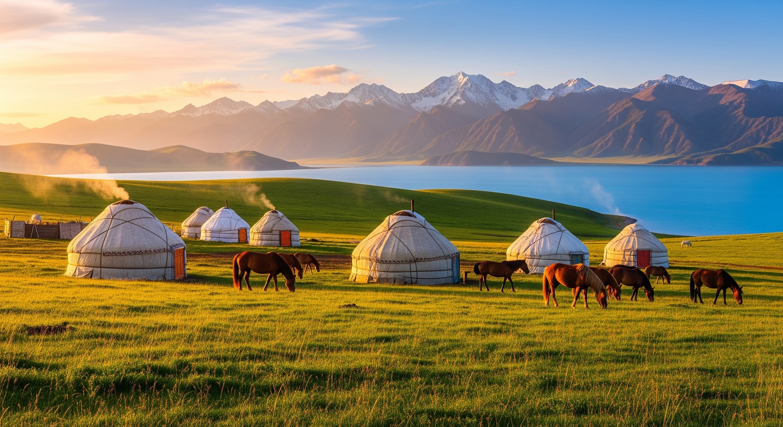 Traditional Kyrgyz yurt camp on green pastures with horses grazing and mountains in the background at Song Kul Lake