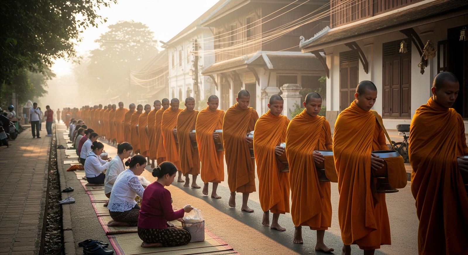 Morning alms giving ceremony with Buddhist monks in saffron robes walking through Luang Prabang streets at dawn