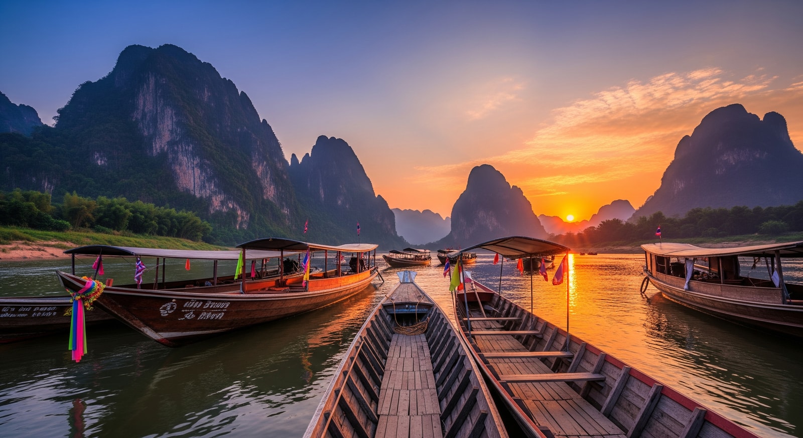 Traditional wooden boats on the Mekong River at sunset with limestone karst mountains in the background near Luang Prabang