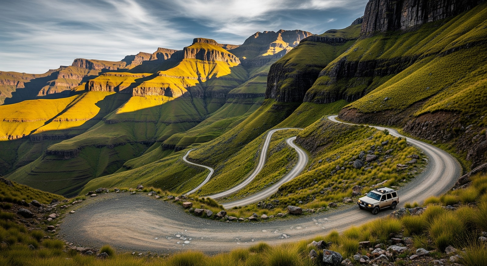 Winding Sani Pass road with dramatic switchbacks carved into steep mountain cliffs