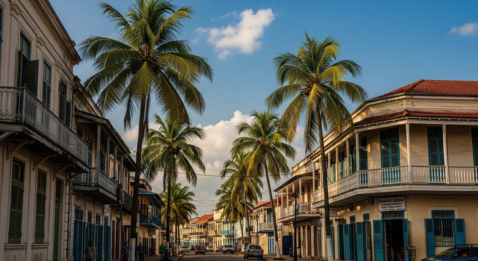 Historic buildings along Broad Street in Monrovia with colonial architecture and palm trees